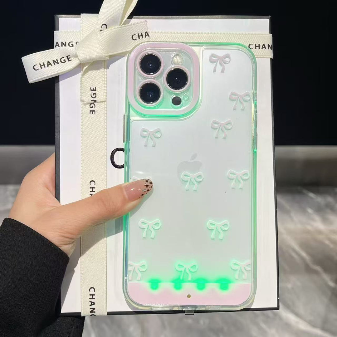 iPhone Series Compatible Pink & White Bowknot Voice-Activated LED Phone Case