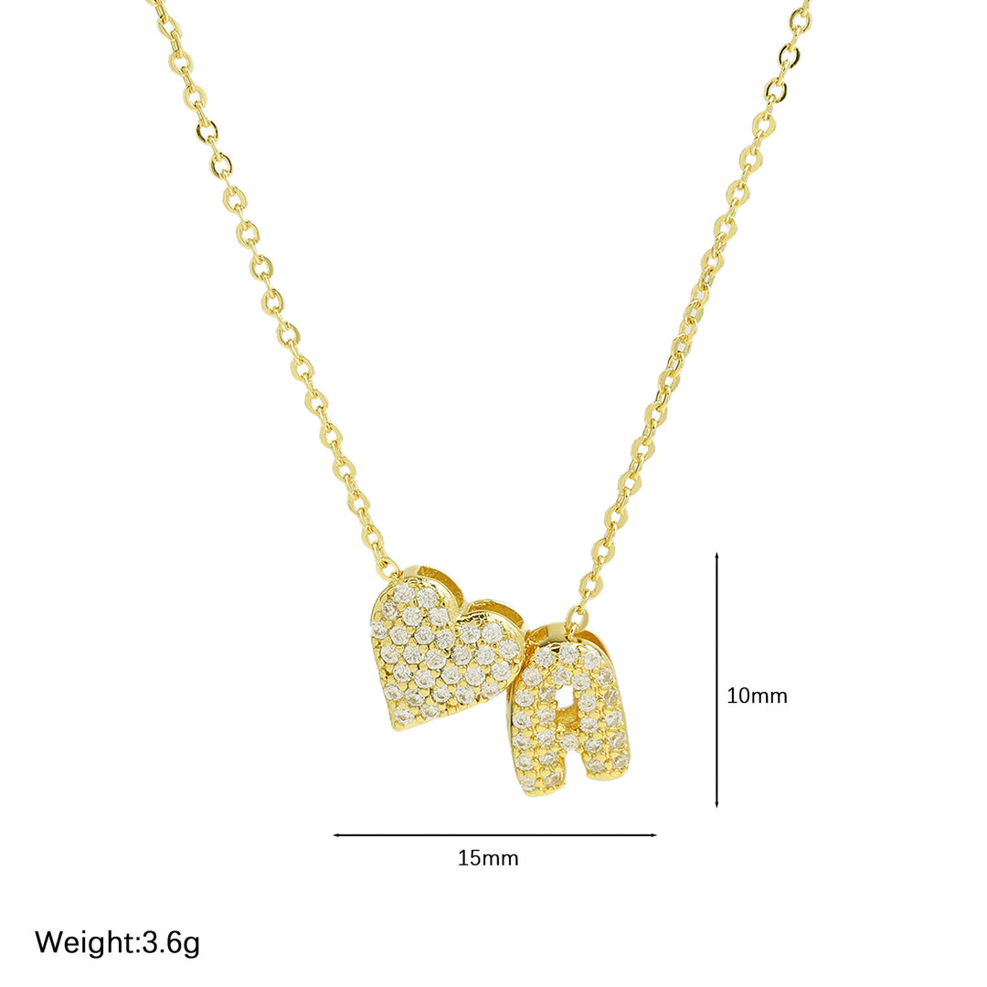 Diamond-Embedded Bubble Heart 26-Letter Name Pendant Necklace