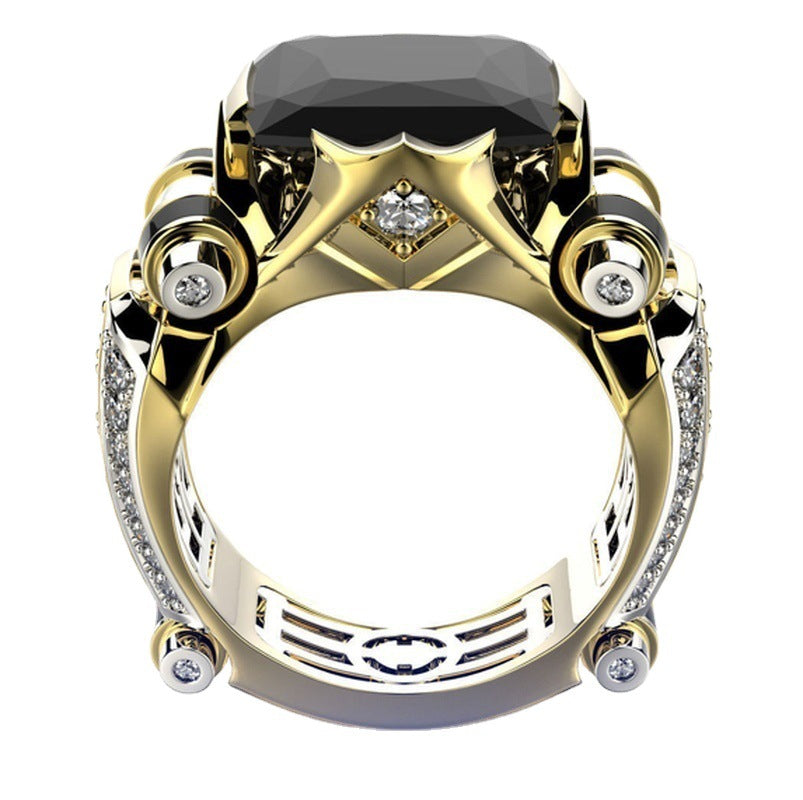 Cyber-Mechanical Style Black-Gold Bicolor Black Gemstone Ring