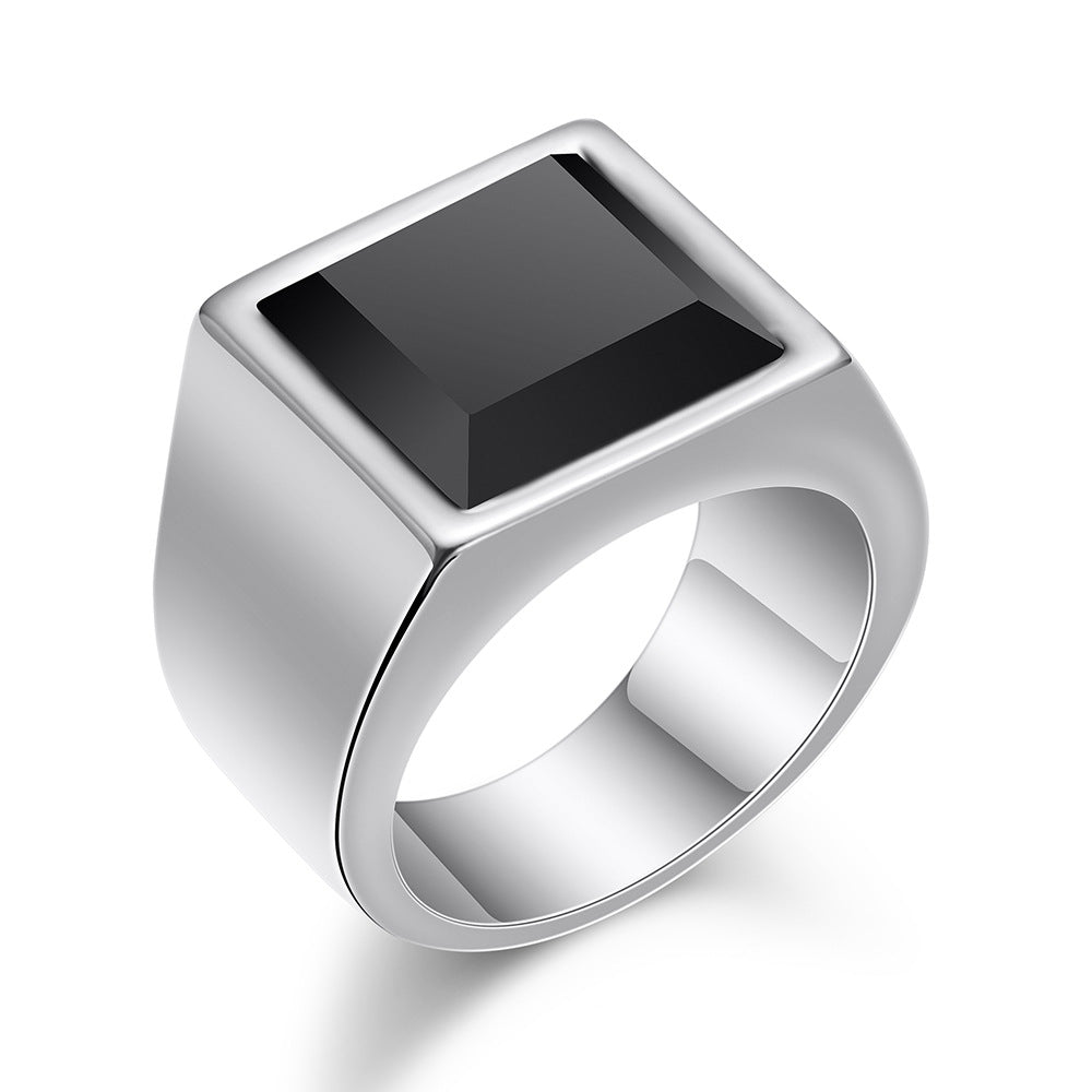 Square Black Diamond Titanium Steel Wide Ring (Gold/Silver Dual-Tone Bold Men's Style)