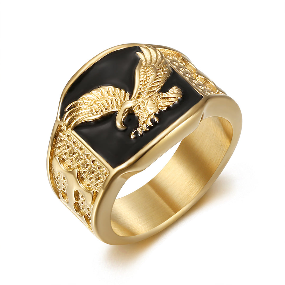 Hip-Hop 18K Gold Flying Eagle Bold Men's Ring (Black-Gold Contrast Style)