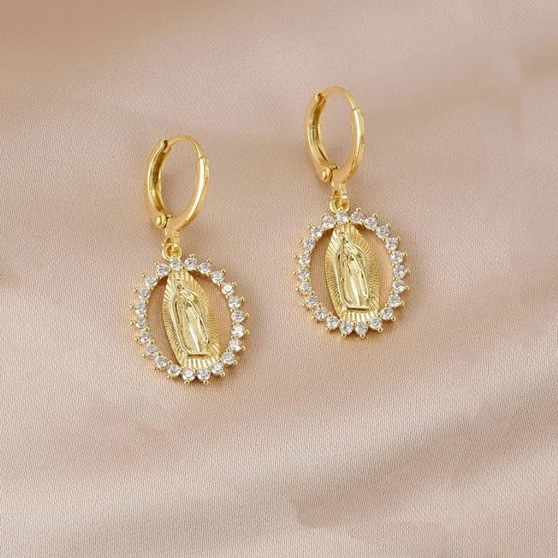 18K Gold-Plated Sterling Silver Diamond-Inlaid Virgin Mary Earrings