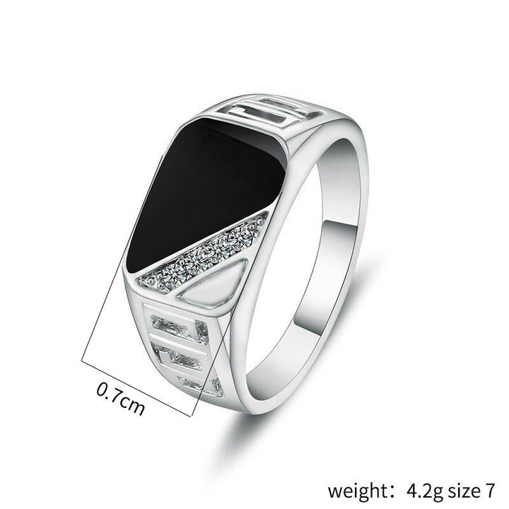 Titanium Steel Geometric Black Face Diamond-Embedded Men's Ring (Light Luxury Business Style)