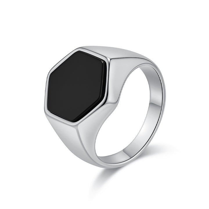 Titanium Steel Geometric Hexagon Seal Black Stone Ring (Minimalist Understated Style)