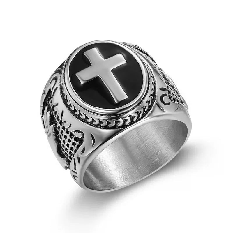 Titanium Steel Cross Pattern Carved Ring (Christian Cultural Retro Style)
