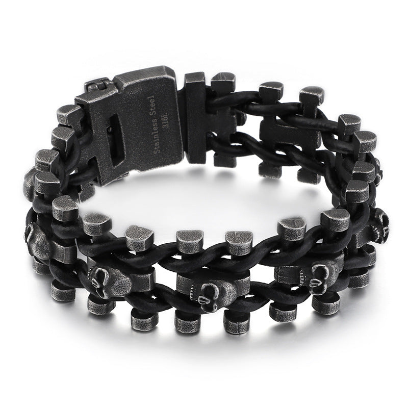 Titanium Steel Skull Braided Double-Layer Bracelet (Dark Punk Style)