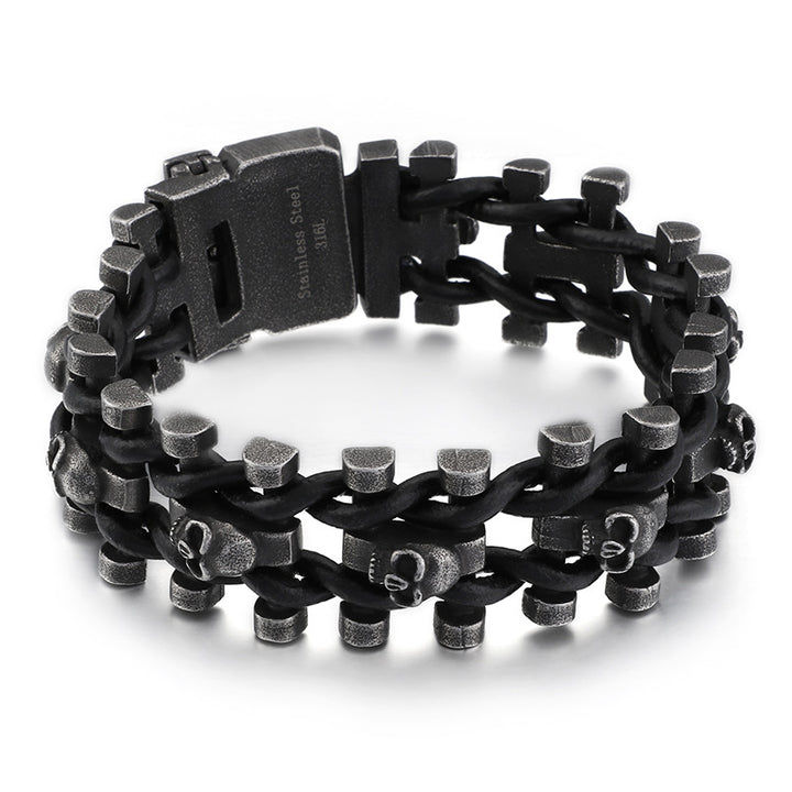 Titanium Steel Skull Braided Double-Layer Bracelet (Dark Punk Style)