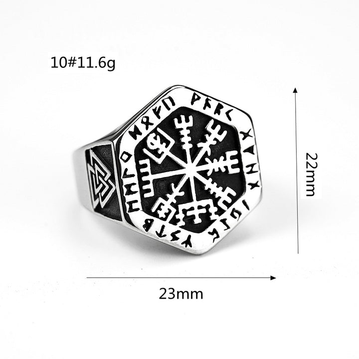 Titanium Steel Norse Rune Compass Ring (Viking Mythology Retro Style)