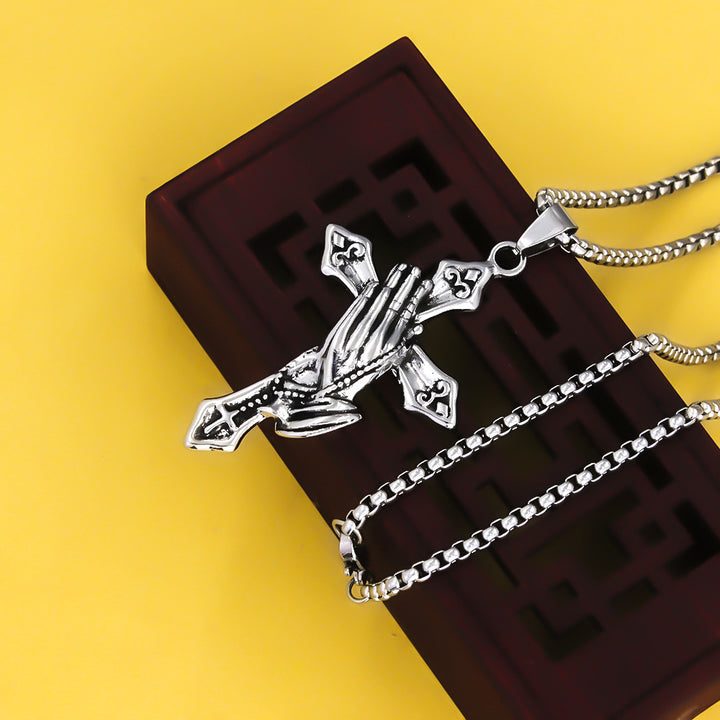 Titanium Steel Praying Hands Cross Necklace (Faith Retro Hardcore Style)