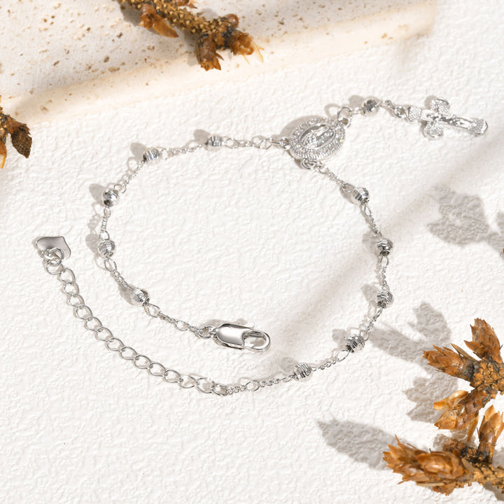 Oval Virgin Mary & Cross Beaded Bracelet