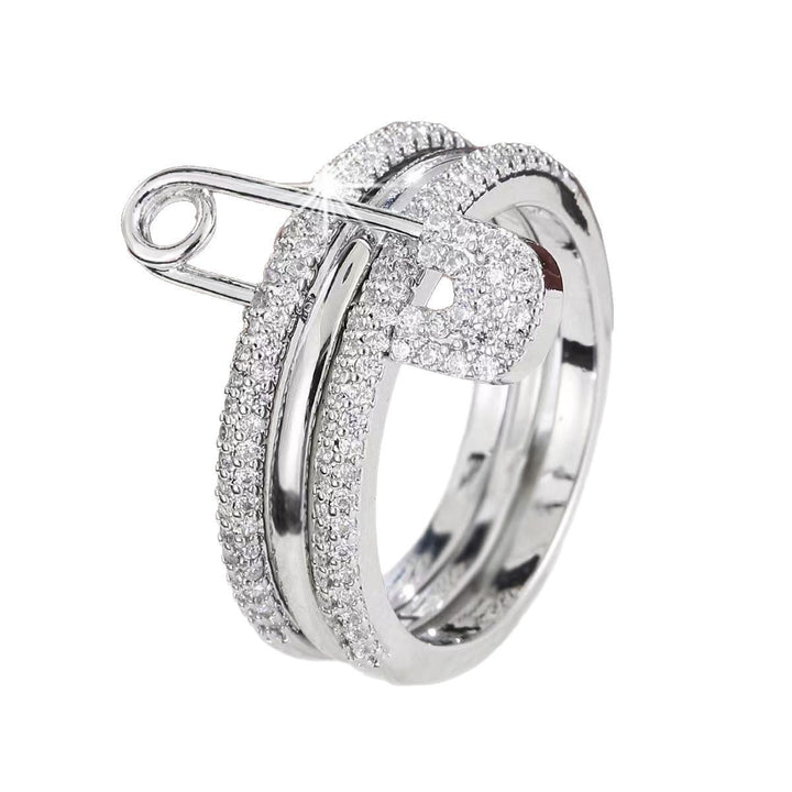 Full-Diamond Safety Pin Triple-Layer Stacking Ring (Edgy Light Luxury Style Series)