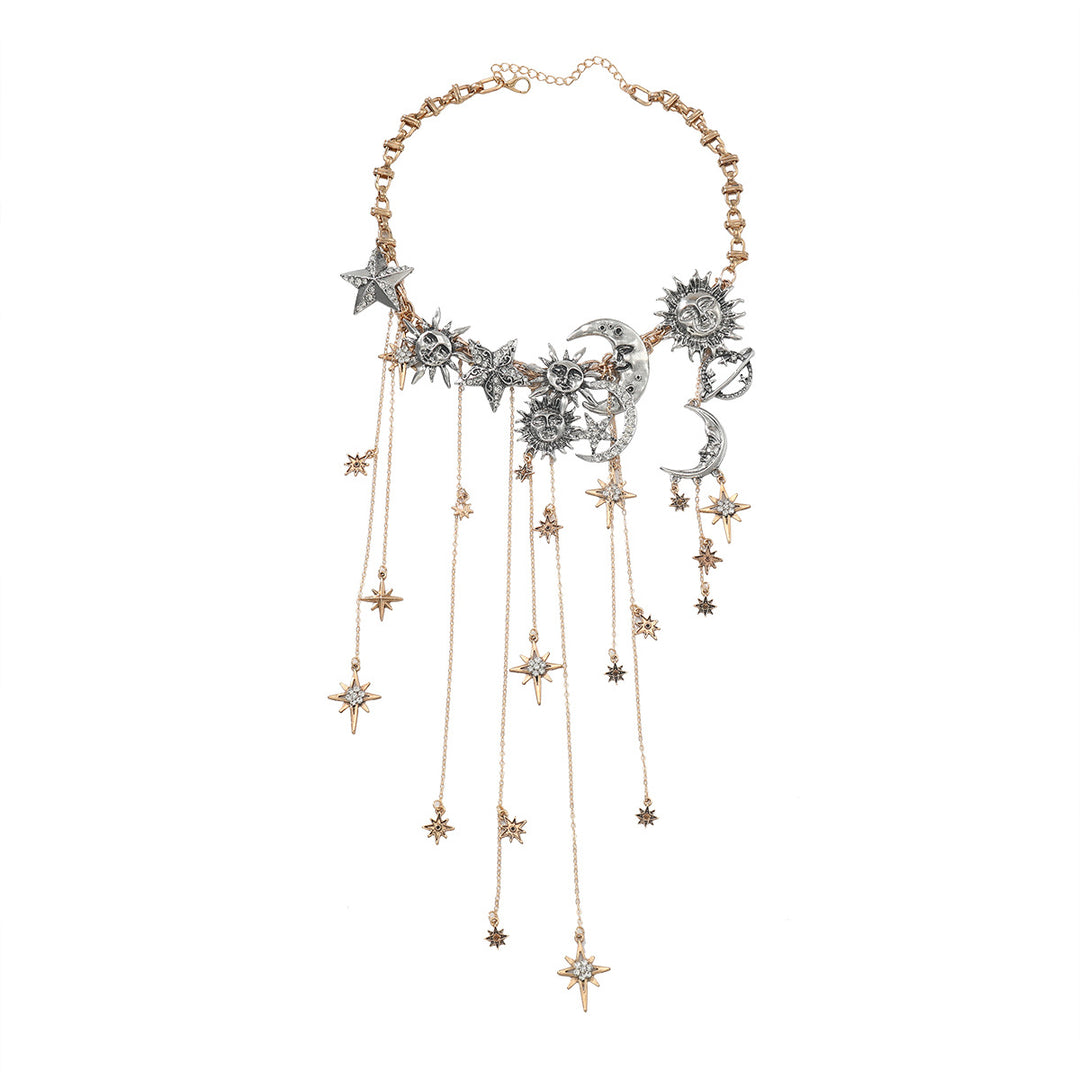 Sun-Moon-Star Gold-Silver Color-Block Tassel Necklace (Cosmic Romantic Style Series)