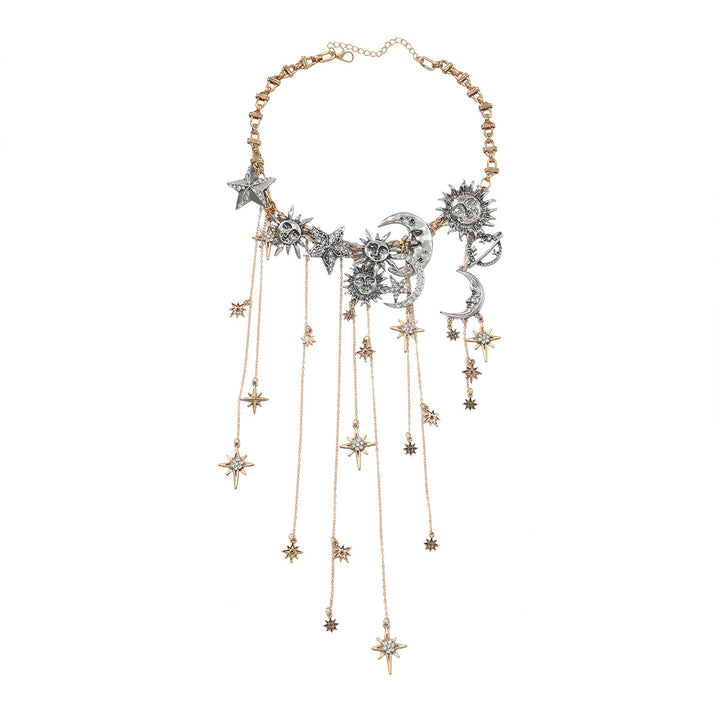 Sun-Moon-Star Gold-Silver Color-Block Tassel Necklace (Cosmic Romantic Style Series)
