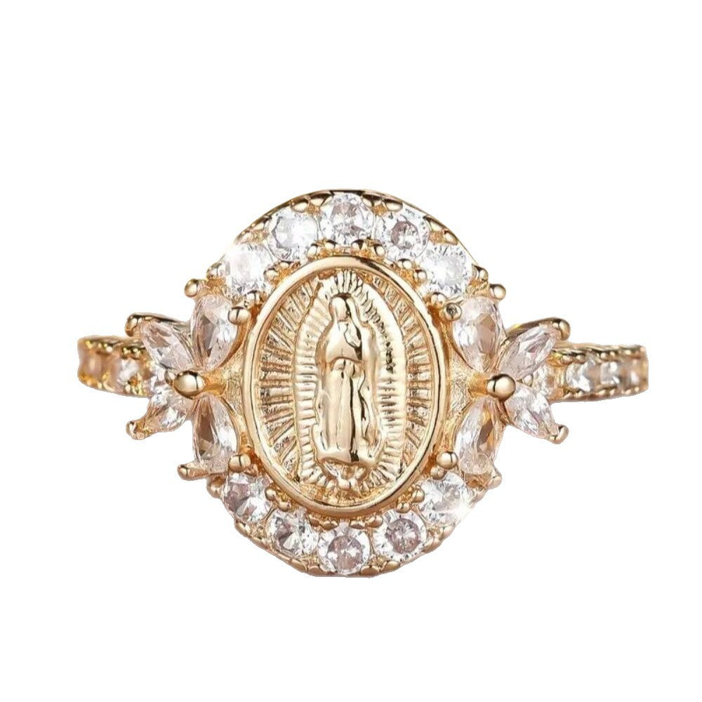Guadalupe Virgin Relief Full-Diamond Gold-Plated Ring (Religious Light Luxury Style Series)