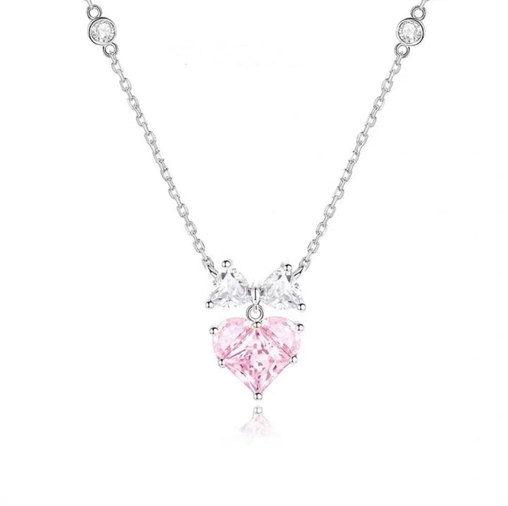 Bowknot Pink Heart Diamond Necklace (Women's Sweet Vitality Luxury Style)