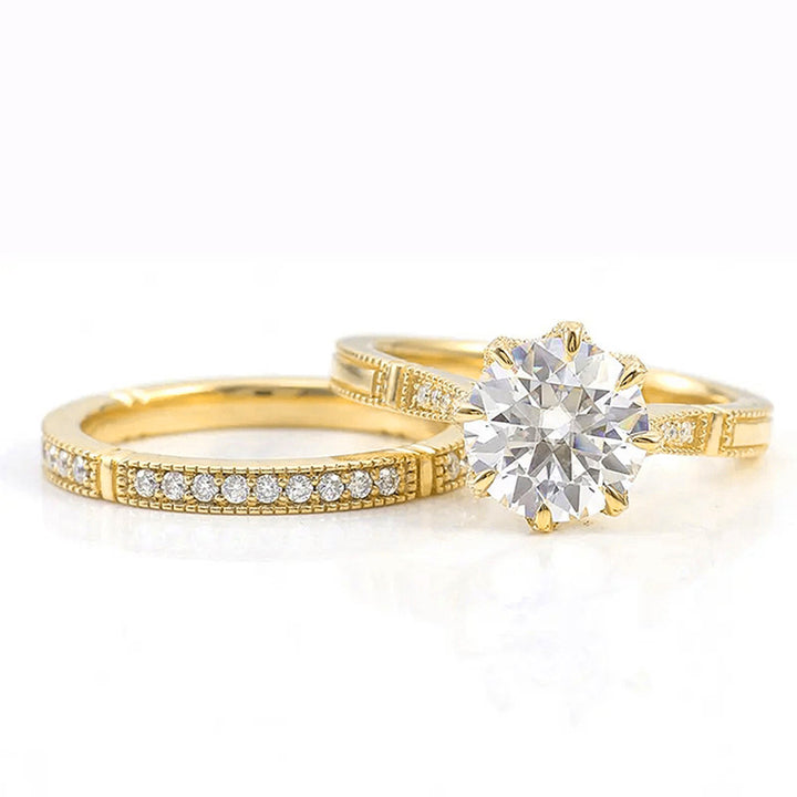 8-Prong Center Diamond Full Pave Double Layer Stackable Ring (Gold Luxury Glamorous Style)