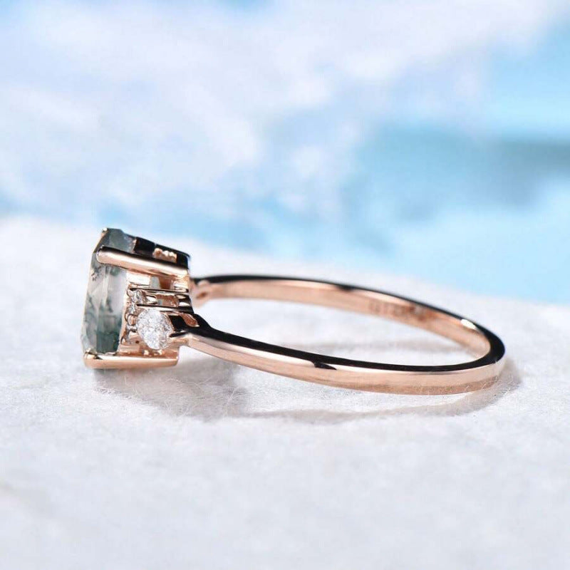 Rose Gold Moss Agate Oval Ring (Forest-Style Luxury Niche Style)