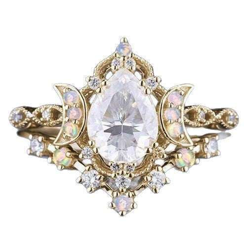 Moon-Star Teardrop Diamond Double Layer Stackable Ring (Dreamy Luxury Vintage Style)