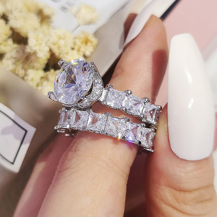 Silver Base Round Diamond + Baguette Diamond Double Layer Stackable Ring (Luxury Glamorous Ritual Style)