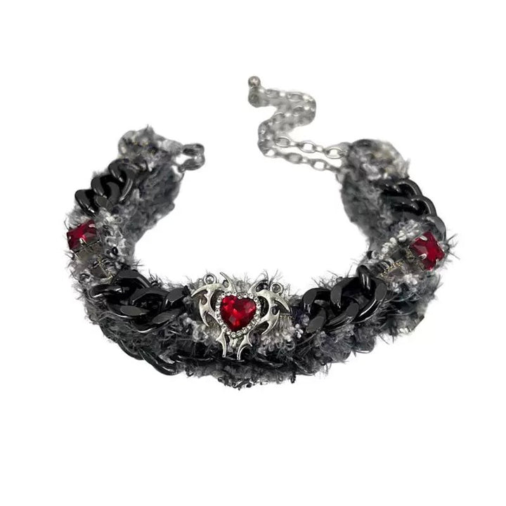 Red Diamond Heart Fur Chain Choker (Dark Sweet-Cool Hot Girl Style)