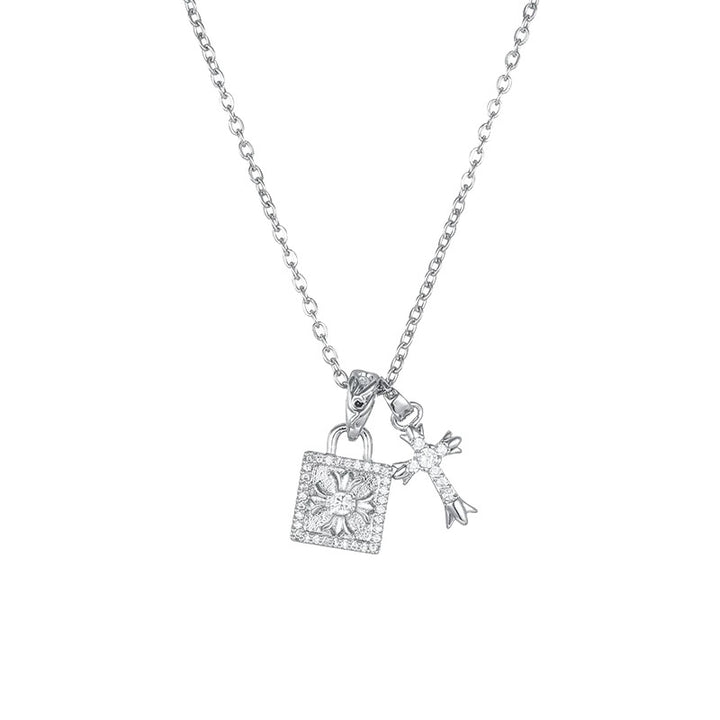 Full Diamond Lock + Cross Double Pendant Necklace (Cool Luxury Personalized Style)