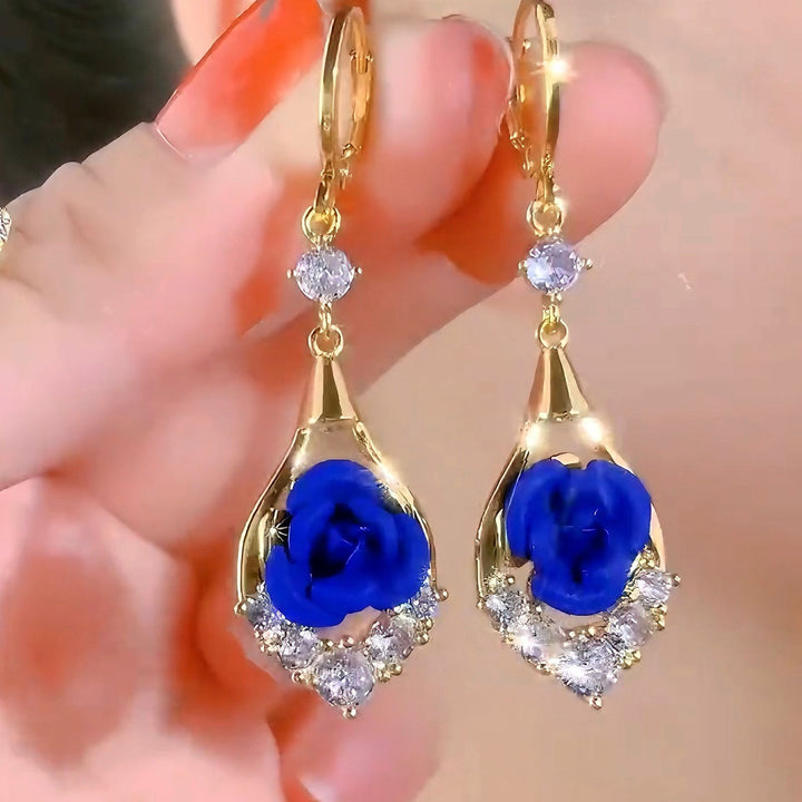 925 Sterling Silver Red, Blue & Purple Rose Earrings