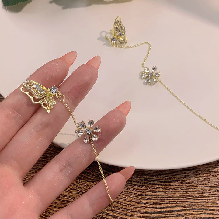 14K Gold Minimalist Butterfly & Flower Ear Cuff Chain