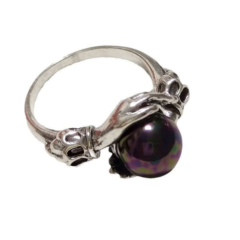 Retro Magic Crystal Ball Ring for Women with Natural Black Clear Gemstones