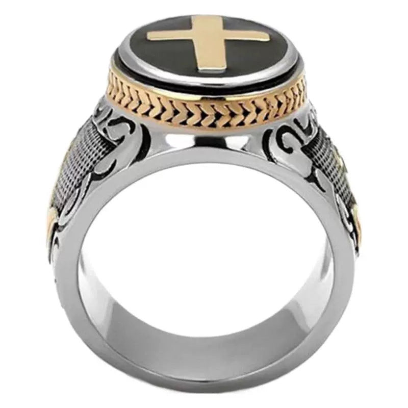 Two-Tone Vintage Praying Hands Cross Ring for Men