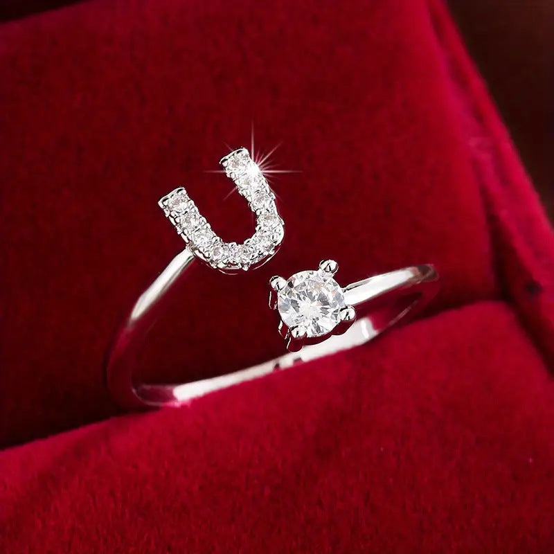 Full Zircon Letter Open Ring CNC-Set Titanium Steel Vacuum Plated