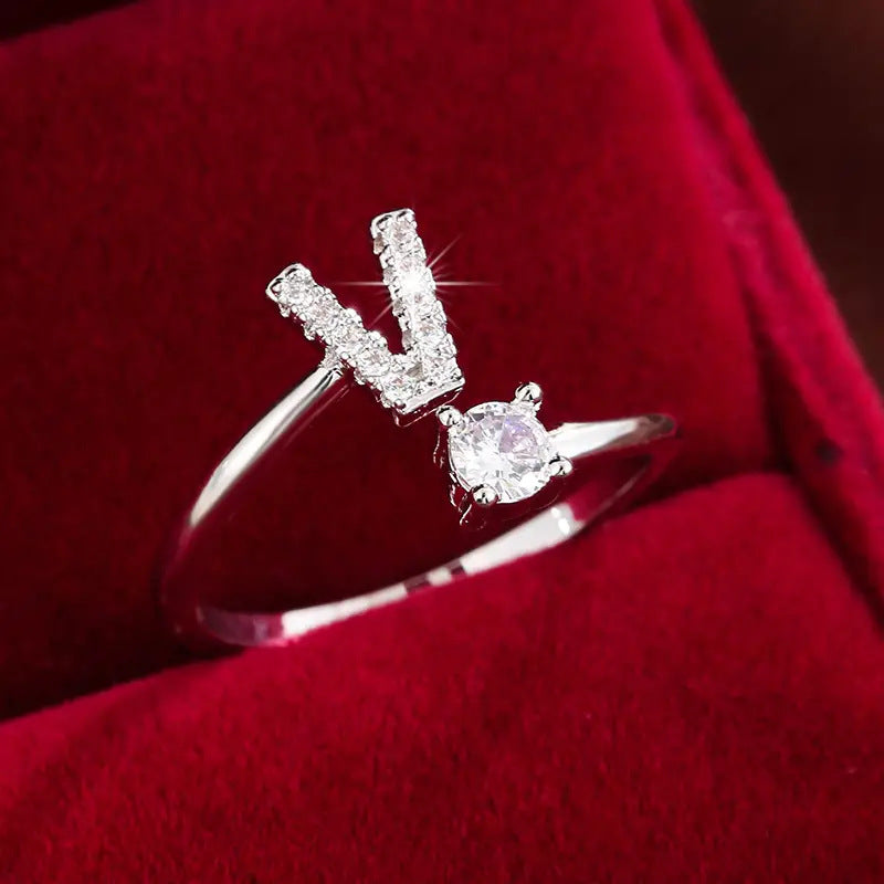 Full Zircon Letter Open Ring CNC-Set Titanium Steel Vacuum Plated