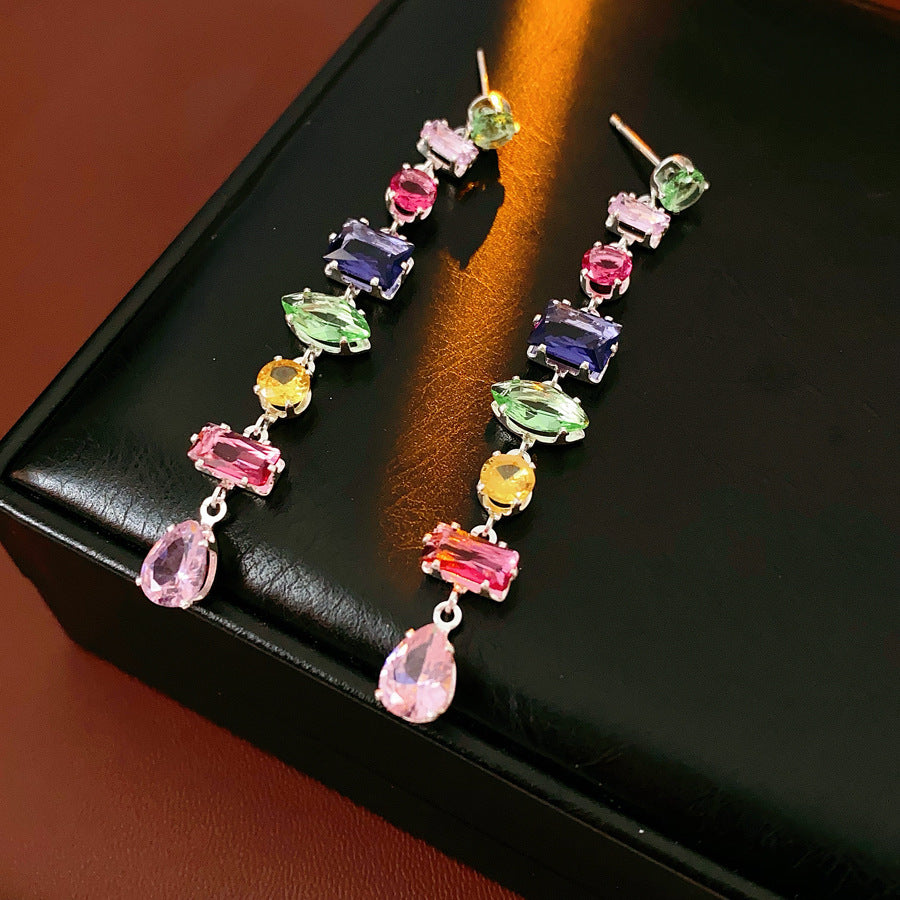 Vintage Rainbow Multi-Shape Diamond Long Drop Earrings, Gold & Silver Luxury Face-Slimming Stud Earrings for Women