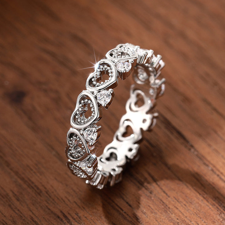 Hollow‑Cut Heart Eternity Band, S925 Sterling Silver Ring With Diamonds, Two‑Tone Available
