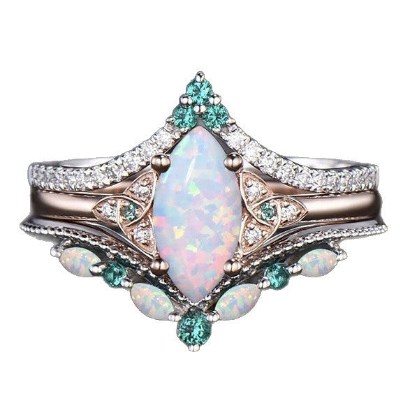 Marquise Opal Crown 3-Piece Stackable Ring Set, 3-Tone Vintage Luxury Paved Wedding Engagement Ring Set for Women