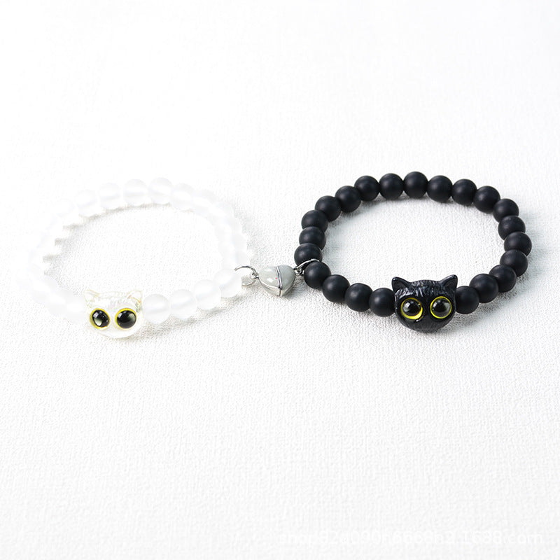 Luminous Heart Magnetic Cat Couple Bracelets, Black & White Matte Bead Matching Pair Bangle