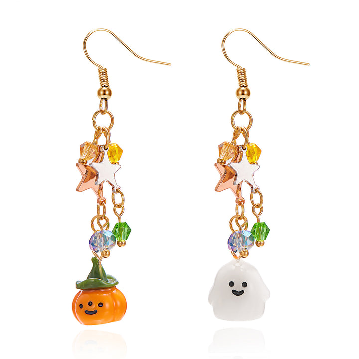 Halloween Asymmetric Pumpkin & Ghost Long Hook Earrings, Colorful Beaded Star Fun S925 Silver Earrings