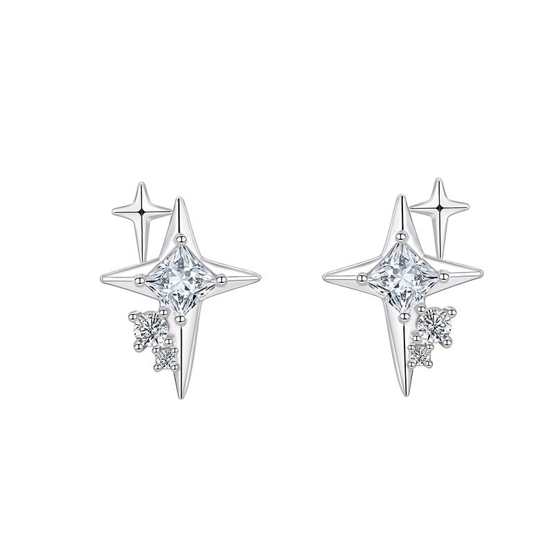 Double Star Burst Diamond Stud Earrings, Delicate Four-point Star S925 Silver Earrings