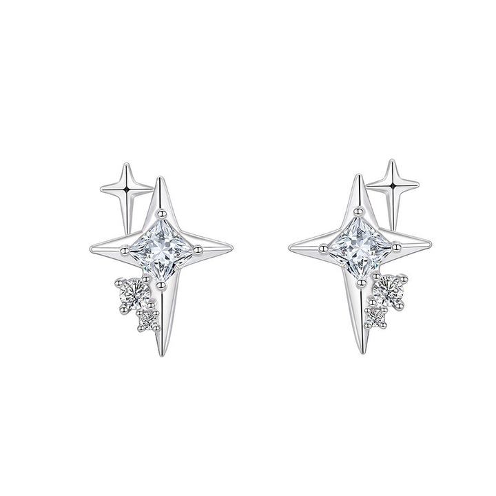 Double Star Burst Diamond Stud Earrings, Delicate Four-point Star S925 Silver Earrings
