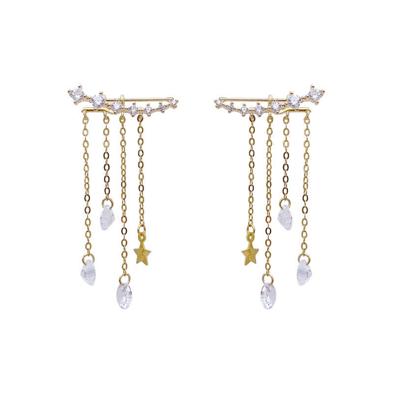 Star & Teardrop Diamond Tassel Stud Earrings, Luxury Long Chain Dangle Earrings, Gold & Silver Two Tones Available