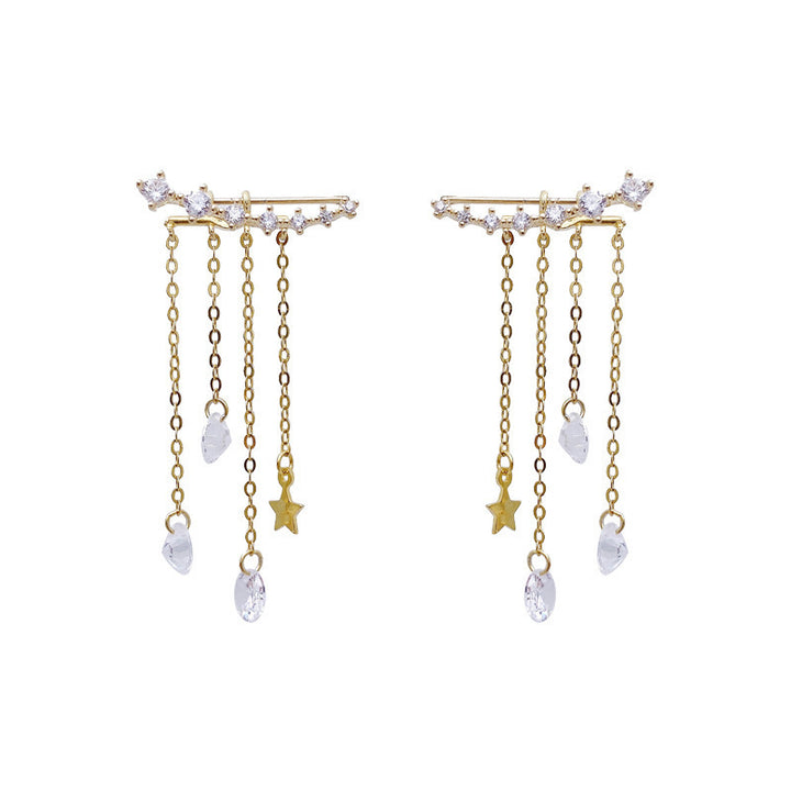 Star & Teardrop Diamond Tassel Stud Earrings, Luxury Long Chain Dangle Earrings, Gold & Silver Two Tones Available