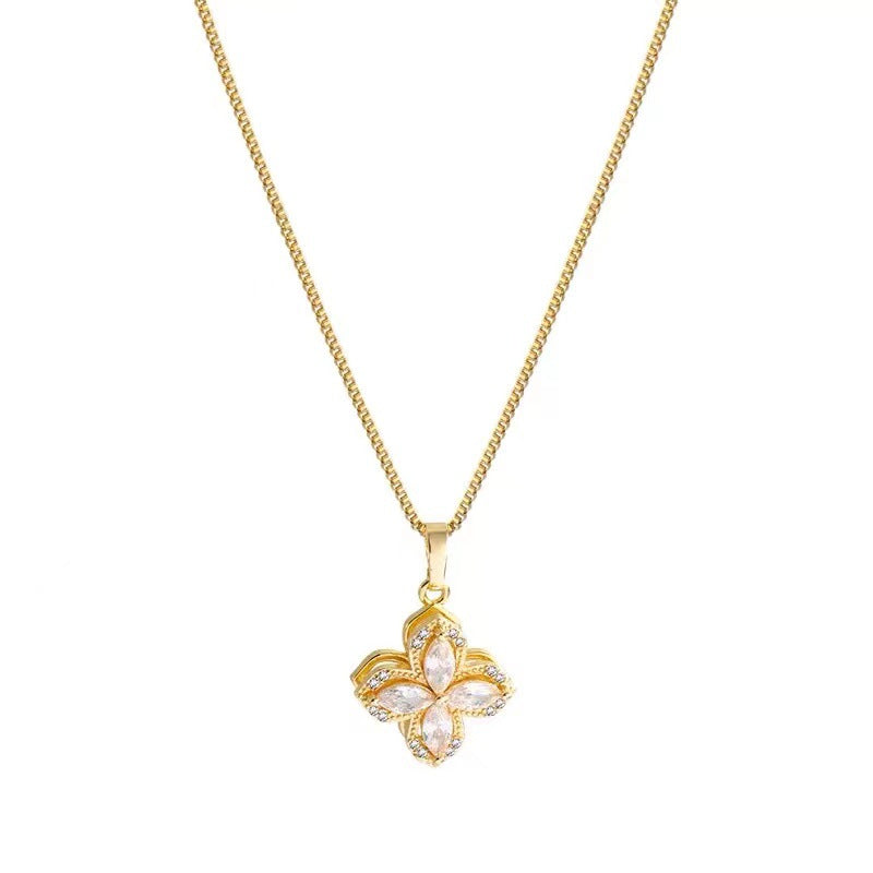 Double Layer Clover Marquise Diamond Jewelry Set, Necklace Earring Ring Luxury Gold Floral Jewelry 3Pcs Set
