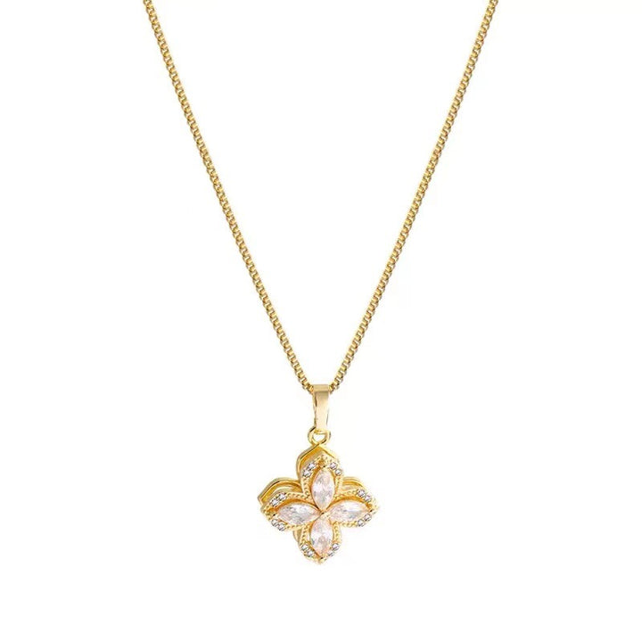 Double Layer Clover Marquise Diamond Jewelry Set, Necklace Earring Ring Luxury Gold Floral Jewelry 3Pcs Set