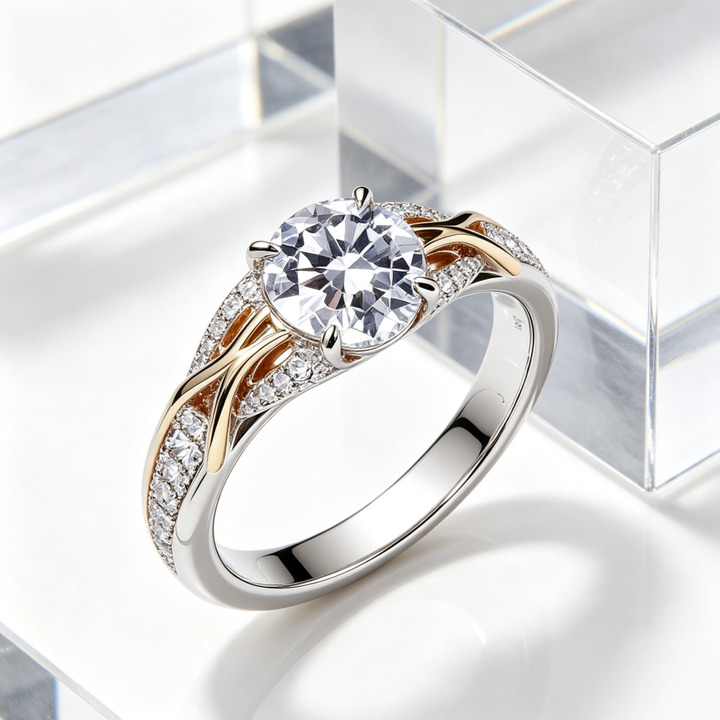Two‑Tone Intertwined Four‑Prong Main Diamond S925 Sterling Silver Engagement Ring