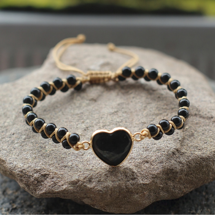 Heart Natural Stone Woven Adjustable Bracelet, Multi‑Color Boho Beaded Bracelet