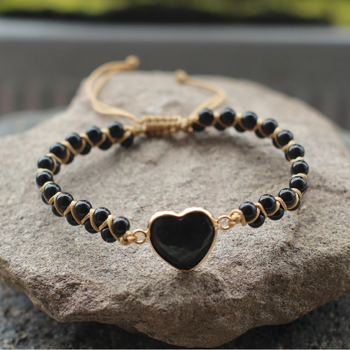 Heart Natural Stone Woven Adjustable Bracelet, Multi‑Color Boho Beaded Bracelet