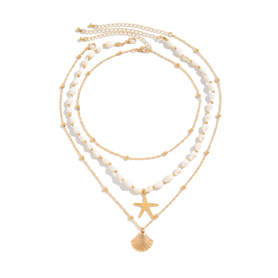 Beach Vacation Three-Layer Shell Starfish Jewelry Set, Irregular White Pearl Layered Choker & Chunky Chain Pearl Bracelet 2-Piece Jewelry Set