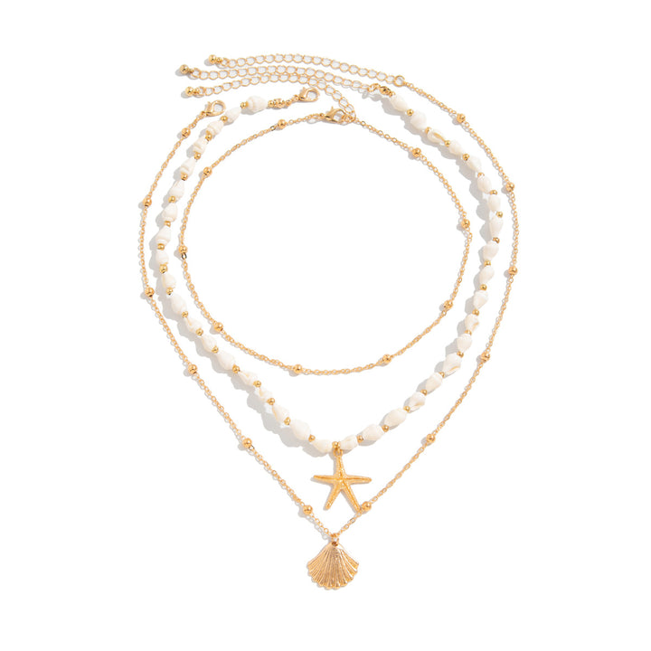 Beach Vacation Three-Layer Shell Starfish Jewelry Set, Irregular White Pearl Layered Choker & Chunky Chain Pearl Bracelet 2-Piece Jewelry Set