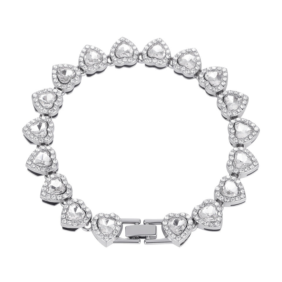 Full Paved Heart Chain Bracelet & Necklace Set, Sweet Style Dual-tone Heart Halo Diamond Matching Jewelry for Women & Couples