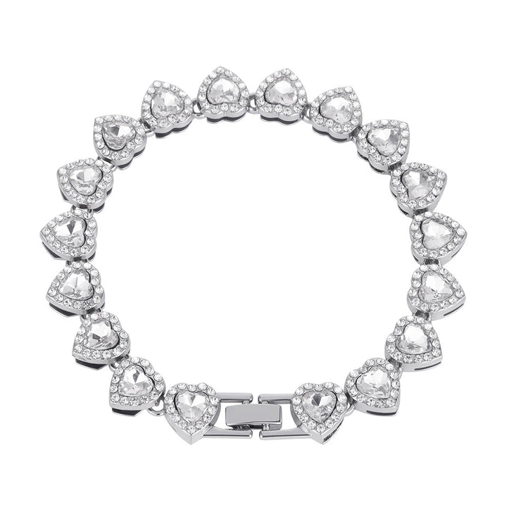 Full Paved Heart Chain Bracelet & Necklace Set, Sweet Style Dual-tone Heart Halo Diamond Matching Jewelry for Women & Couples