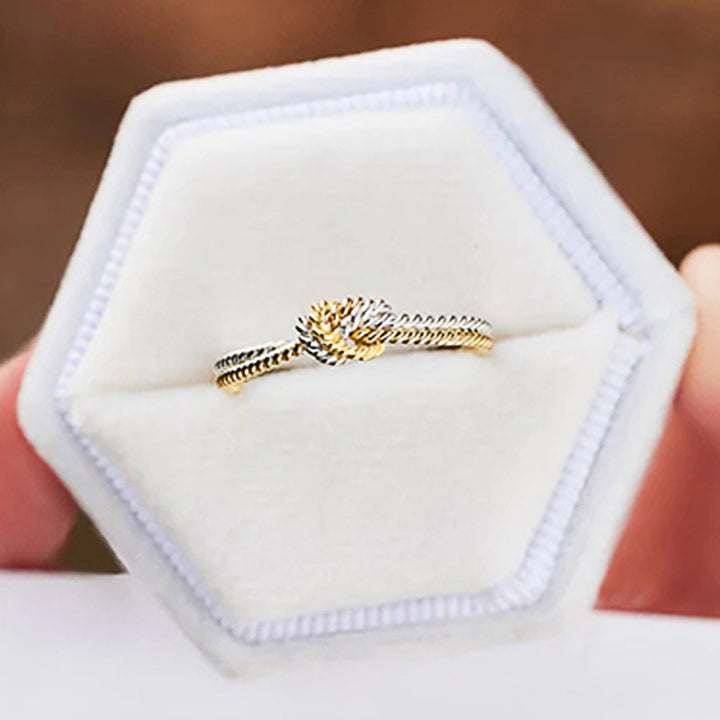 Two‑Tone Gold & Silver Twisted Cord Love Knot S925 Silver Ring, Intertwined Knot Thin Band Ring